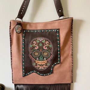 Brown Embroidered Skull Tote Bag